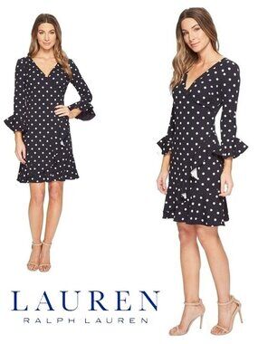 NWT Lauren Ralph Lauren Polka Dot Flare Sleeve Faux Wrap Dress / 4P